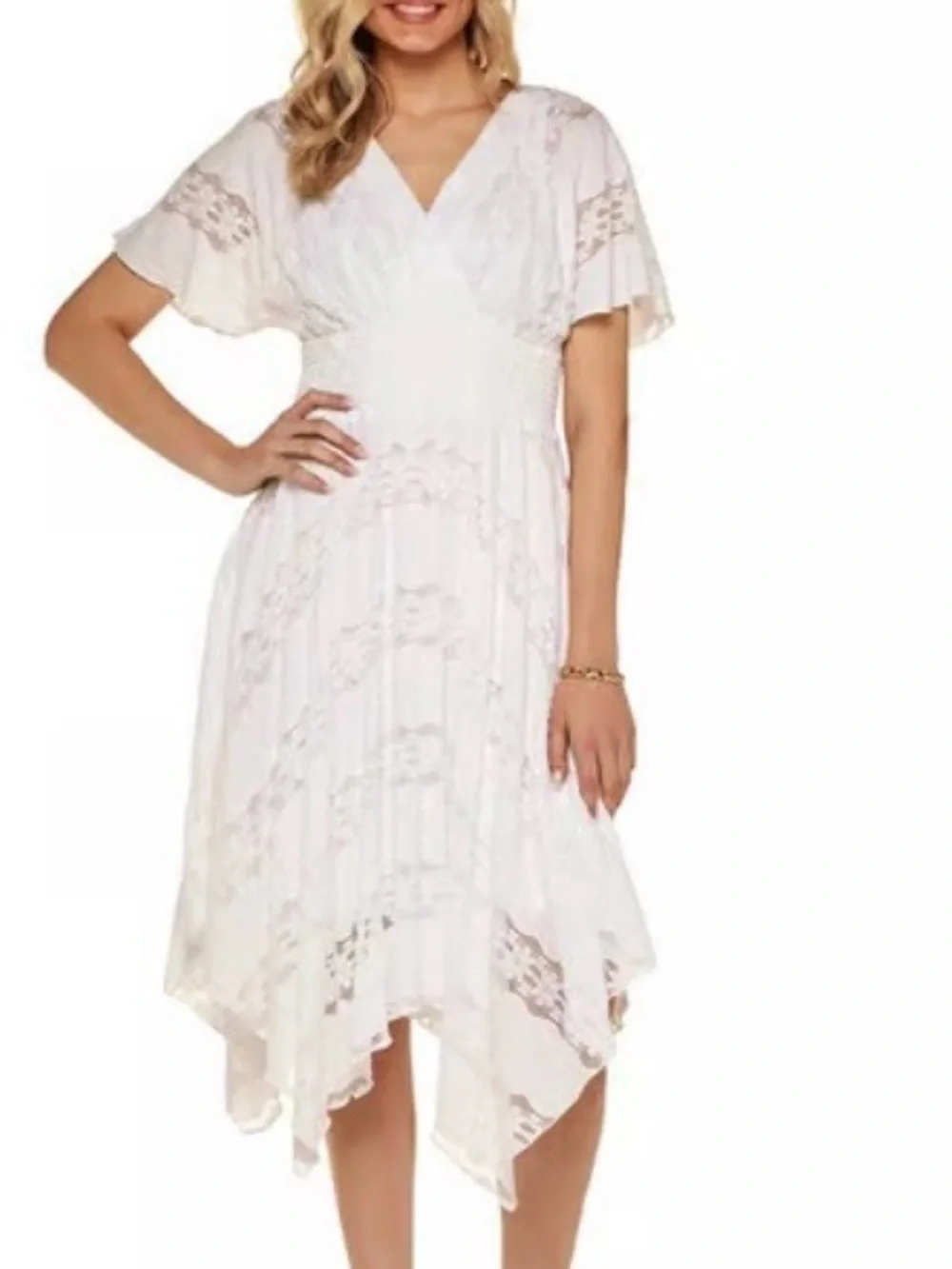 Rabbit White Lace Ethereal Boho Dress Handkerchief Hem Dolman Flutter Sleeves